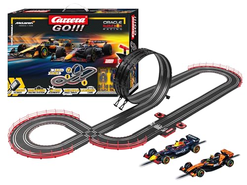 Carrera GO Super Formula – Formel-1-Rennbahn Set mit Red Bull RB21 M. Verstappen No.1 und McLaren MCL39 L. Norris No.4 – Slotcar Rennbahn 1:43 mit Looping und 5,3 m Strecke