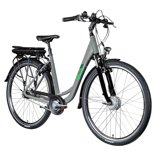 ZÜNDAPP Z502 E Bike Damen 28 Zoll Pedelec 155-180 cm Elektrofahrrad 7 Gang Damenfahrrad 522 Wh E Fahrrad (grau/grün, 50 cm)