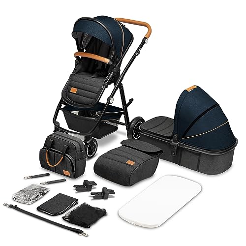 LIONELO Amber Kinderwagen 2 in 1 Kombikinderwagen, Kinderwagen Set mit sportlichen Sitz und fester Babywanne, Tasche, Moskitonetz, Abdeckung Regenblatt (Blau)