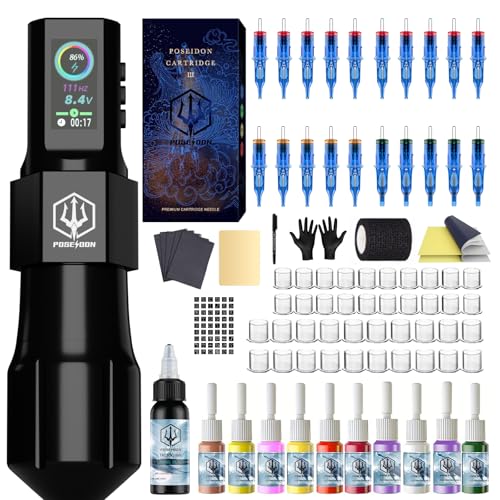 POSEIDON Tattoo-Pistole-Set – Stift mit 20 Nadeln und kabelloser Stromversorgung, Stift-Set mit digitaler LED-Anzeige, Tattoo-Maschine, Tattoo-Zubehör für Künstler