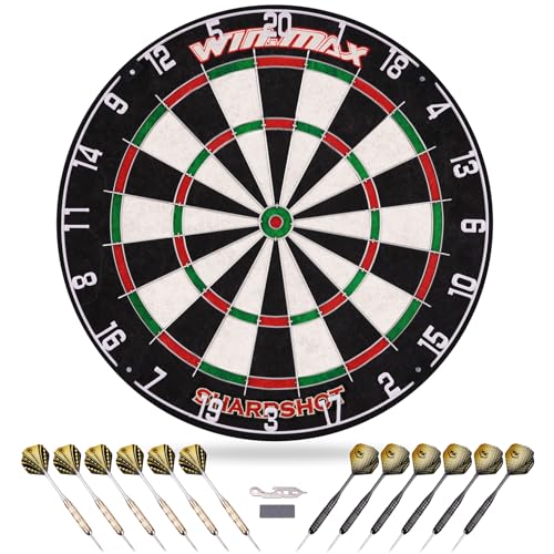 WIN.MAX Dartscheibe Kork Dartscheibe mit Pfeilen Offizielles Steeldartscheibe Steeldart Set 12 Dartpfeile Metallspitze,24 Flights