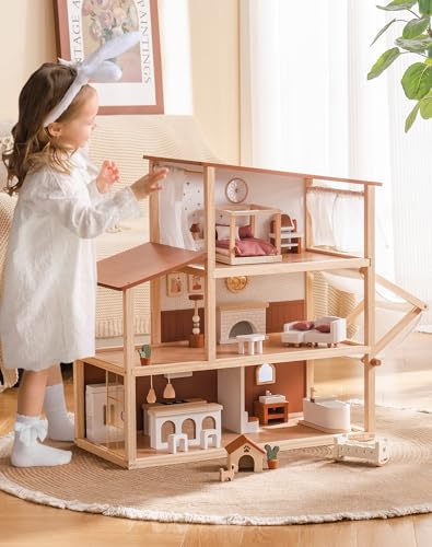ROBUD Puppenhaus Holz, Böhmischen Stil 3-Stöckiges Puppenhaus mit 37 Realistische Zubehör & Möbel, Kinder Dollhouse Spielzeug Geschenke ab 3 Jahre Mädchen