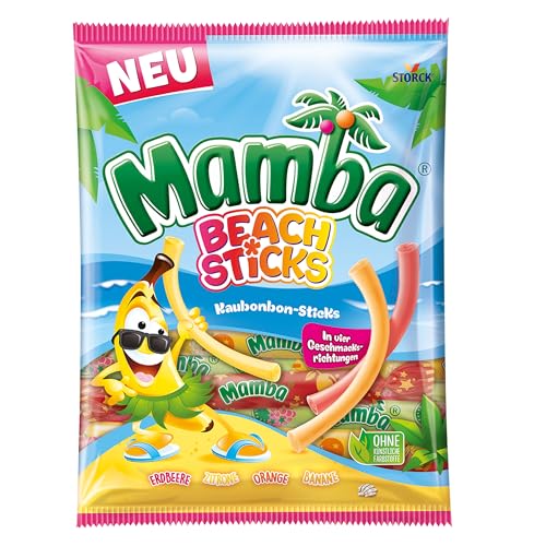 Mamba Beach Sticks – 1 x 160g – Fruchtige Kaubonbon-Stangen in vier verschiedenen Sorten – Süßigkeiten Mix einzeln verpackt