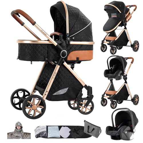 Prokoke Kinderwagen 3 in 1, Buggy mit Umkehrbarem Zwei-Wege-Schub, Kinderwagen Rahmen Aluminiumlegierung, Kombikinderwagen 3 in 1 Einem Klick Faltbar Baby Kleinkind Neugeborene (225 Black)