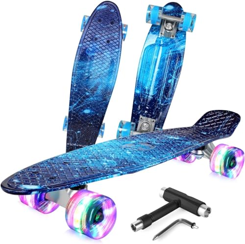 BELEEV Kinder Skateboard 22 Zoll mit LED Leuchtrollen Wheels, Komplette Mini Cruiser Skateboard für Kinder Jugendliche Erwachsene, LED Leuchtrollen mit All-in-one Skate T-Tool für Anfänger