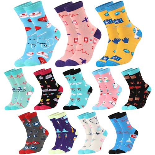 Hicarer 12 Paar Krankenschwester Socken 36-45 Arzt Socken Medizin Lustige Baumwollsocken Pflegekraft Geschenk für Weihnachten