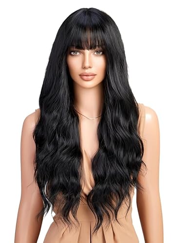 CGVG Lange Gewellte Schwarze Perücke mit Pony Moderne Damenperücke für Tägliche Gebrauch Party Karneval Halloween