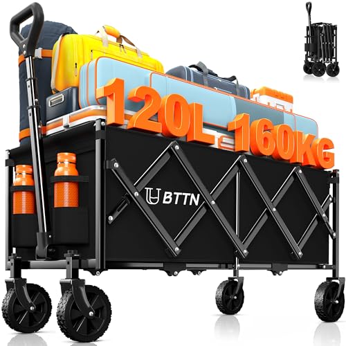 BTTN 120L Klappbarer Bollerwagen, 160kg (350LBS) Traglast Handwagen Faltbar mit Leisen Rädern, Bollerwagen für Garten, Camping, Einkaufen & Picknick, Faltbar Transportwagen mit Stabil Rädern, Schwarz