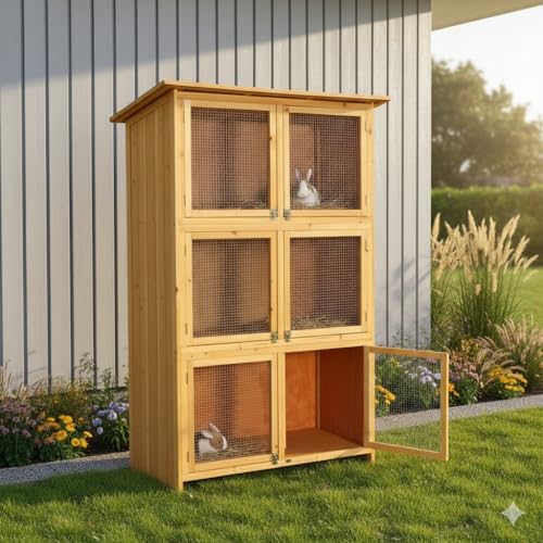 Mucola Kaninchenstall XXL Holz – Hasenstall mit 6 Boxen, Aufzuchtstall für Jungtiere, wetterfest & imprägniert, Edelstahlscharniere, engmaschige Gitter – für Kaninchen, Meerschweinchen & Chinchillas