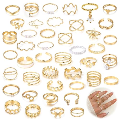 agogue 43 PCS Verstellbare Ring Gold Set, Schmuck Gold Rings Daumenringe Wasserfest Goldene Ringe Damenringe Set, Daumenring für Frauen Mädchen Modeschmuck