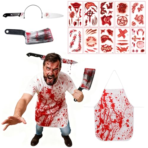 Halloween Schlachter Kostüm Set, Halloween Blutige Schürze Haarschmuck, Halloween Grusel Accessoires mit Zombie Scars Tattoo Für Halloween Party Rollenspielveranstaltung Bühnenshow (A)