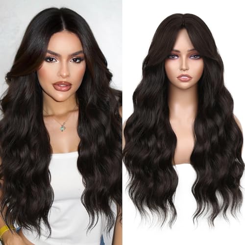 WIGNEE Damenperücke, atmungsaktiv, lang, lockig, gewellt, dunkelbraun, 66 cm, Mittelscheitel, Kunsthaar, klebefrei, mit Pony, natürlicher Haaransatz, für den Alltag, Cosplay, Halloween