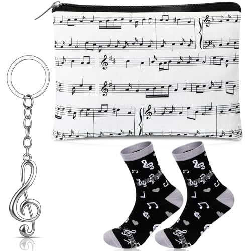 Xuniea 3 Stück Musik Geschenk Set Lustige Kosmetiktasche Motiv Socken Musiknoten Schlüsselanhänger Geschenke zum Geburtstag Weihnachten für Musiker Musikliebhaber Musikstudenten Frauen Männer