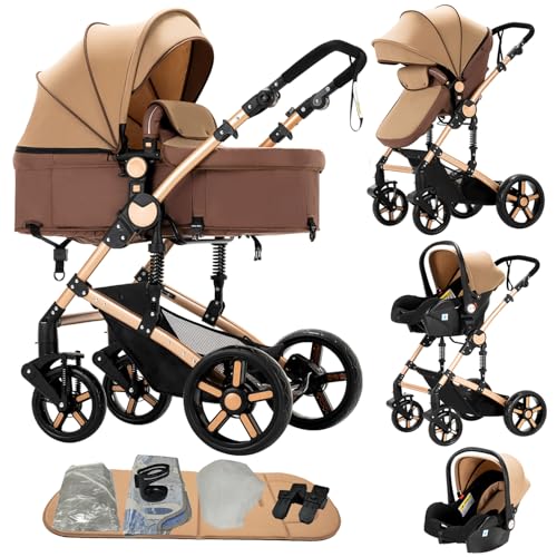 Doraystar Kinderwagen 3 in 1, Kombikinderwagen 3 in 1 mit Zwei Umkehrbaren Schiebemodi, Kinderwagen Set mit Ein-Klick-Faltdesign, Kinderwagen Komplettset Rahmen Aluminiumlegierung (588 Khaki)