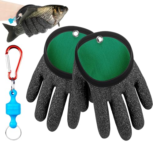 LIMEOW 1 Paar 19 * 12cm Angelhandschuhe Raubfisch Stichfeste Bissfest Wasserdicht Angelhandschuh mit 1 Stück Magnetverschluss Anti-Schnitt Rutschfesten Handschuh für Den Sicheren Umgang Hecht Wels