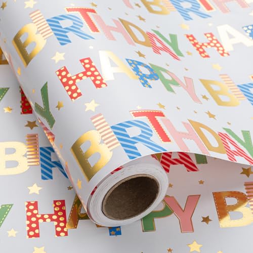 Wikadlik Bunte Geburtstags-Geschenkpapierrolle – 43 cm x 10 m – Goldfolie