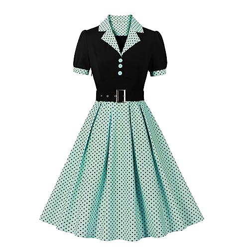 Odizli Rockabilly Kleider Damen 50er Jahre Petticoat Kleid Vintage Audrey Hepburn Kurzarm V-Ausschnitt Polka Dot Swing Coctailkleid Hochzeit Hochzeitsgast Festlich Knielang Abendkleid Grün L