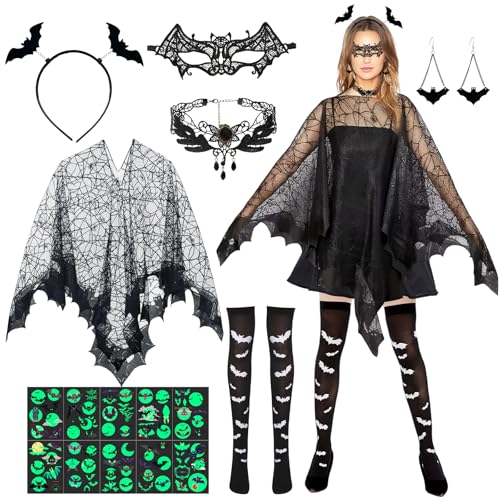 Fledermaus Kostüm Damen, Halloween Kostüm Damen Fledermaus Umhang Damen mit Maske, Haarreif, Halsketten Ohrringe, Spinnennetz Umhang, Fledermauskostüm Erwachsene für Halloweens Karneval Cosplay Party