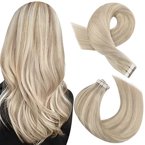 Moresoo Tape Extensions Echthaar 20Stück Aschblond mit Platinblond Invisible Tape Extensions Haar Für Partys, Hochzeiten, Veranstaltungen 12 Inch 30cm 30g Glattes