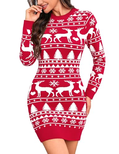 Totatuit Strickkleid Damen Weihnachten Rundhals Strickpullover Pulloverkleid Elegant Minikleid Winterkleid mit Rentier,Schneeflocken und Weihnachtsbaum Muster