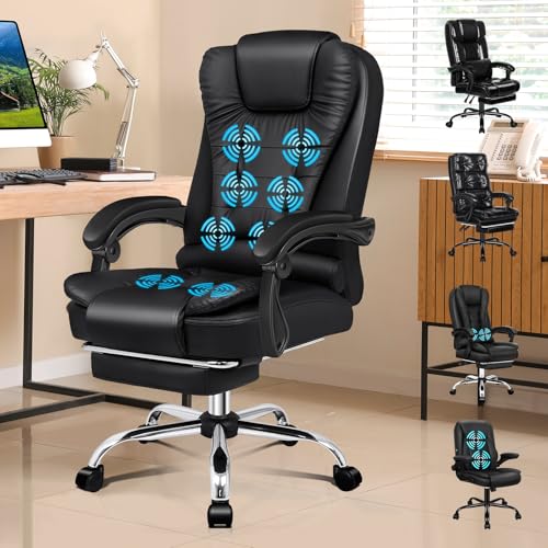 ALFORDSON Bürostuhl mit Massagefunktion, ergonomisches Design mit großer Sitzpolsterung, Lendenwirbelstütze, Rollen, für reibungslose Mobilität im Büro, Schwarz