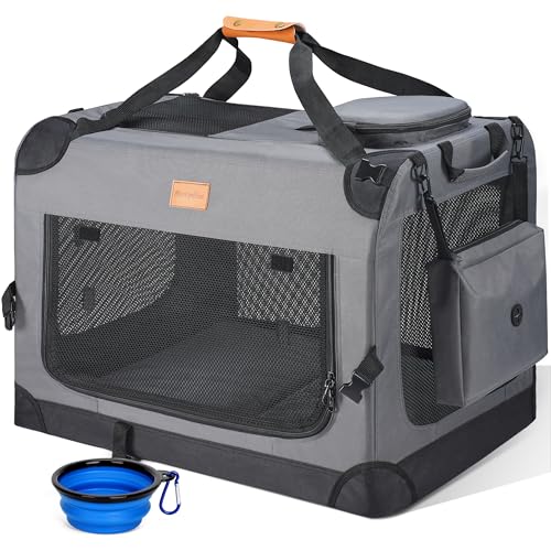 Morpilot Transportbox Hund Katze Transporttasche L 70x52x52cm, Hundebox Auto Faltbare Hundetransportbox, robust Haustier-Transportbox inkl. Hundenapf & Schultergurt