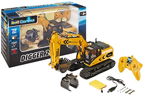 Revell Control 24924 RC Raupenbagger Digger 2.0, Kettenantrieb, wechselbare Schaufel und Baumgreifer, Outdoor-tauglich, Akku Ferngesteuerter Bagger, 2.4 GHz, gelb