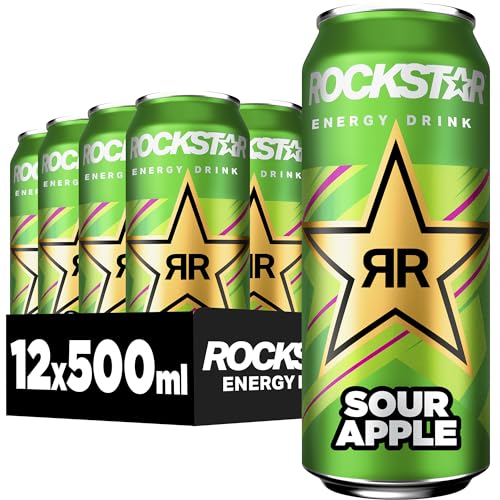 Rockstar Energy Drink Sour Apple Geschmack - Saures, koffeinhaltiges Erfrischungsgetränk für den Energie Kick, EINWEG (12 x 500ml) (Verpackungsdesign kann abweichen)