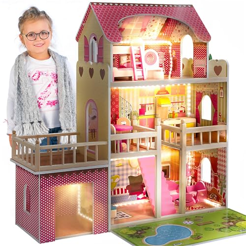 Kinderplay Puppenhaus aus Holz – Große 3‑Etagen‑Villa mit Garage & Garten – LED-Licht, 17 Möbel – Für Kinder ab 3 Jahren, Puppen bis 30 cm – 90 cm hoch
