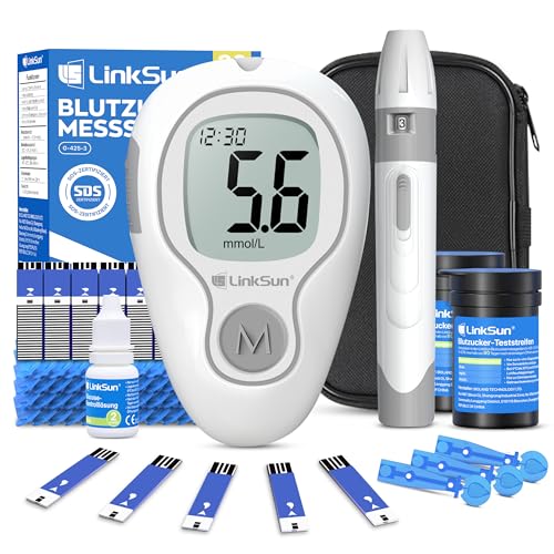 LinkSun 425-3 Blutzuckermessgerät-Set, 100 Teststreifen, 100 Lanzetten, 1 Blutzuckermessgerät, 1 Stechhilfe, 1 Glucose-Kontrolllösung, Glucometer für den Heimgebrauch, mmol/L & mg/dL