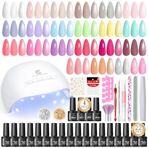 44 PCS Gel Nagellack Set,PEACECOLOR 22 Farben Gelnägel Kit mit UV Lampe,4 Stk Base Top coat mit Matte und Glitzer, Gelnägel Starterset Maniküre Set Komplett
