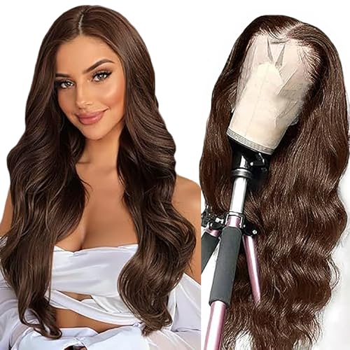 Salharer Echthaar Perücke für Damen Perücken Body Wave Human Hair Wig 13x1 Lace Front Wig Perücken Echthaar mit Babyhaar T Part Chocolate Brown Color 18 Inch