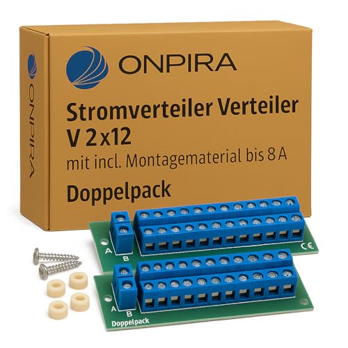 Stromverteiler V 2x12 Doppelpack – Verteilerblock mit 2 x 12 Anschlüssen – bis 8A belastbar inkl. Montagematerial für Modellbau, Wohnmobil, Werkstatt, Garage, Büro & Haushalt