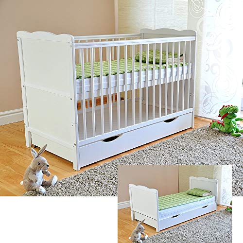 BABY Gitterbett mit Schublade mit Deckel Babybett Kinderbett mit Aloe Vera Schaumstoffmatratze Zahnschienen höhenverstellbar Weiß umbaubar zum Juniorbett