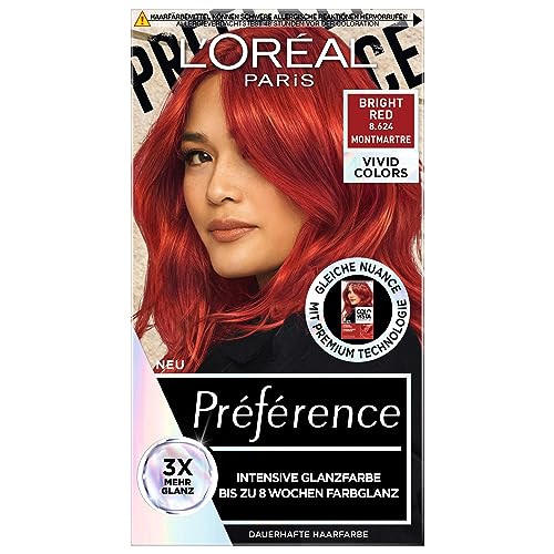 L'Oréal Paris Intensive dauerhafte Haarfarbe, Bis zu 8 Wochen glänzendes Haar und intensive Farbe, Préférence Vivid Colors, Farbe: 8.624 BRIGHT RED, 1 Stück