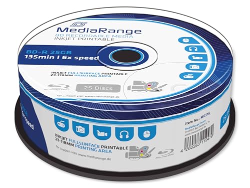 MediaRange BD-R 25GB 6-Fache Schreibgeschwindigkeit, Vollflächig bedruckbar, 25er Cakebox