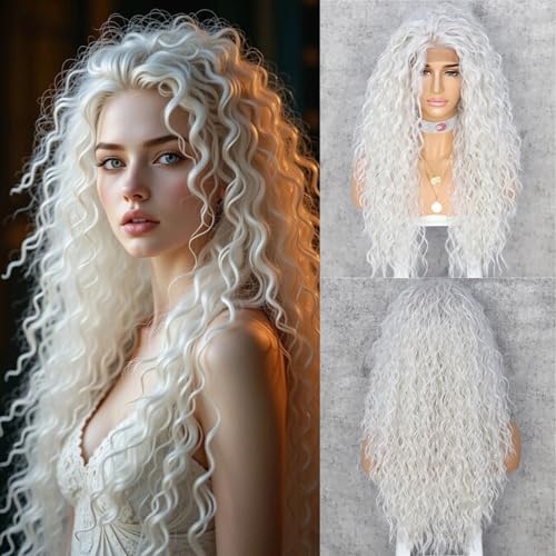 Sapphirewigs Curly Lace Front Perücke Platin Blonde Synthetische Perücken für Frauen 13x3 Tägliche Tragen Party Weihnachten Halloween Hitzebeständige 26 inch