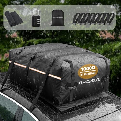 CHANGEMOORE 1000D Reißfeste Auto Dachbox Taschen, 594L Wasserdicht Dachtasche Auto mit/ohne Reling, Faltbare Dachkoffer mit Anti-Rutsch-Matte, 8 Türhaken, Tragbar Dachboxen für Autos, Vans, SUVs