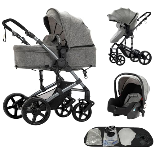 Aveainelle Kombi Kinderwagen 3 in 1, Babywanne, Reisesysteme und Autositz, Für Neugeborene Kinder von 0-36 Monaten, Maximale Tragkraft 25 kg (Grau)