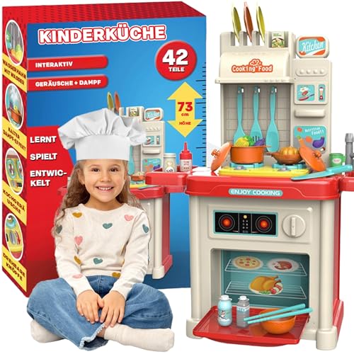 KRUMAD Kinderküche Spielzeug ab 3 Jahre, Spielküche mit Backofen, Herd, Wasserhahn, Sound & Dampfeffekt, 42-teiliges Zubehör Set, Kinder küche Holz Imitation Game, Geschenk zur Taufe