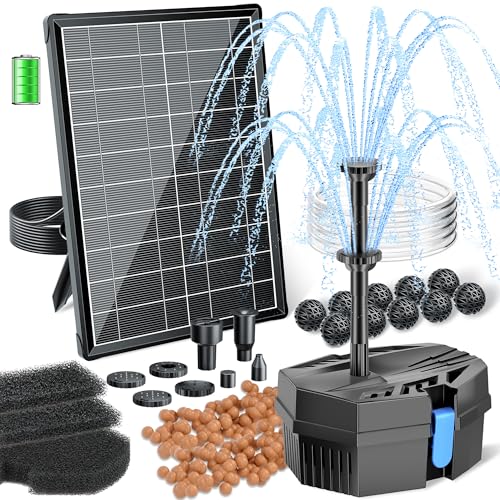 Biling 8W Solar Teichfilter mit Akku 405 l/h Solarpumpe Schlauch und 10 Düsen DIY Gartenteiche Wasserspiel, Solar Springbrunnen für Koiteiche Vogelbad Zierbrunnen Tierpool Sauberes Wasser