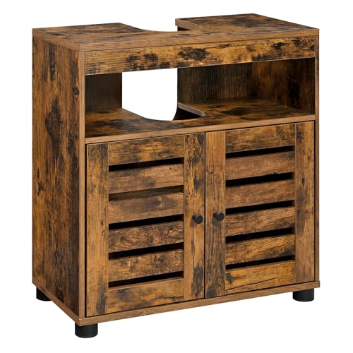 VASAGLE Waschbeckenunterschrank, Badschrank, 60 x 30 x 63 cm, Badezimmerschrank, Aufbewahrungsschrank, Unterschrank mit 2 Lamellentüren, mit verstellbarer Regalebene, vintagebraun BBK04BX