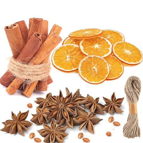 60 Stück Natur Dekoration Weihnachten Deko, 30getrocknete Orangenscheiben,20Zimtstangen,10 Sternanis und 5M Juteschnur, Weihnachten Basteln Adventkranz Advent Tischdeko