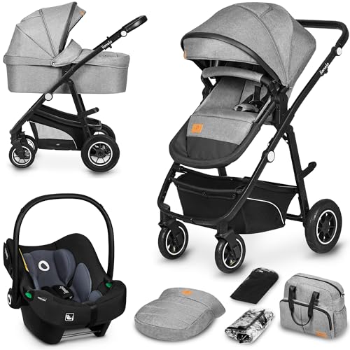LIONELO BIANKA Kinderwagen 3 in 1 bis 22 kg Babywanne Autositz Zusammenlegbar, Reise-System, Einstellung der Rückenlehne, Räder 360o Stoßdämpfer, Verdeck XXL