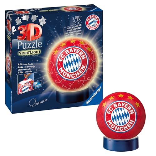 Ravensburger 3D Puzzle 12177 - Nachtlicht Puzzle-Ball FC Bayern München - ab 6 Jahren, LED Nachttischlampe mit Klatsch-Schalter