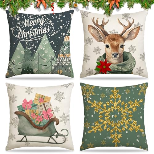 HIQE-FL Kissenbezug Weihnachten,4 Stück Weihnachten Kissenbezüge 45cmx45 cm,Kissenbezug Frohe Weihnachten,Zierkissenbezug Couch Wohnzimmer Deko,Christmas Zierkissenbezug,Cushion Cover Couch Deko