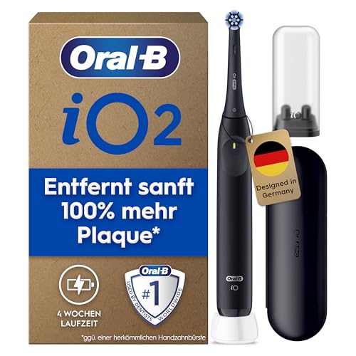 Oral-B iO Series 2 Elektrische Zahnbürste — Electric Toothbrush Inkl. 1 Aufsteckbürste, 3 Putzmodi für Zahnpflege, Magnet-Technologie, Reise-Etui, Aufsteckbürsten-Etui — Designed by Braun — Schwarz
