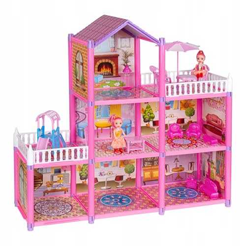 KRUMAD Puppenhaus mit 3 Etagen 129-teilig, inkl. 2 Puppen, Puppenhaus Möbel, Zubehör, Spielhaus mit Rutsche, Terrassen und Möbelset, Kreatives Spielzeug ab 3 Jahren Mädchen Kinder