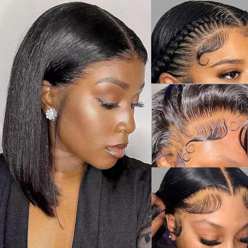 Wepwcod Echthaar Perücke 13x4 HD Lace Front Bob Wig Human Hair 180% Density Brazilian Straight Bob Wigs with Baby Hair Schwarze Perücke Damen Glueless Wig Human Hair Pre Plucked Perücke Damen Echthaar