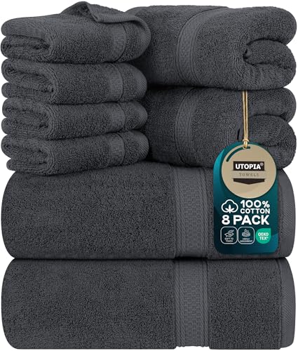 Utopia Towels - 8 teilig Handtücher Set aus Baumwolle mit Aufhänger - 2 Badetuch, 2 Handtücher und 4 Washclappen - (Grau)